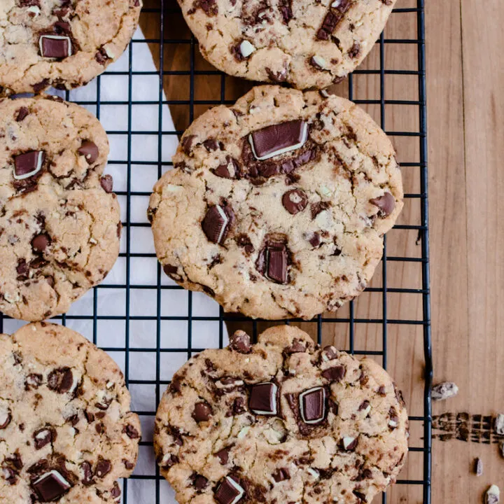 Close up overhead shot of Andes Mint Chocolate Chip Cookies on cooling rack.