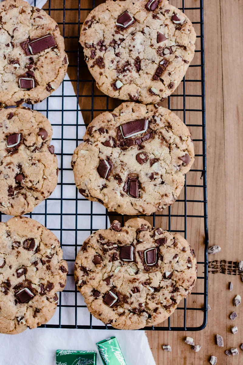 Close up overhead shot of Andes Mint Chocolate Chip Cookies on cooling rack.