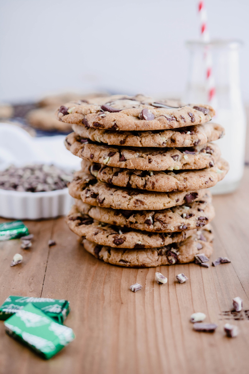 Head on shot of stacked Andes Mint Chocolate Cookies.