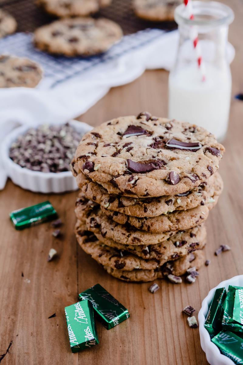 Three quarter angle of stacked Andes Mint Chocolate Chip Cookies.