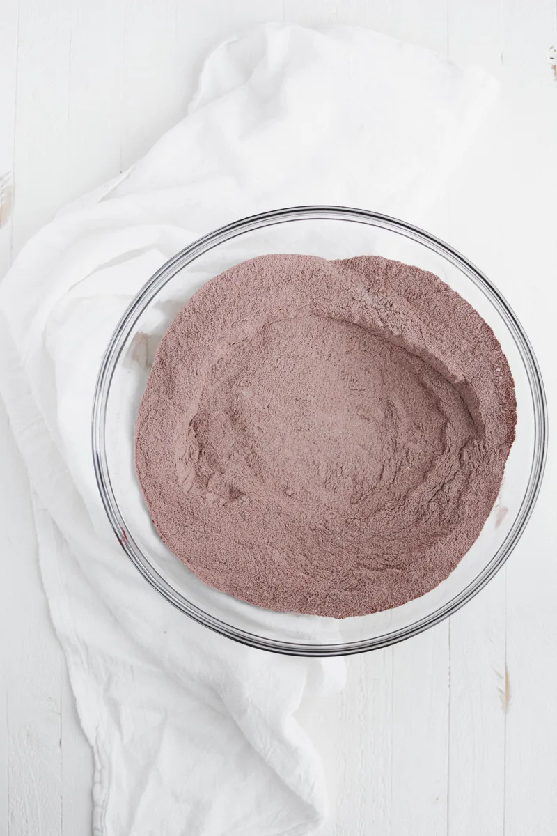 Overhead shot of dry ingredients for Chocolate Covered Strawberries Cake.