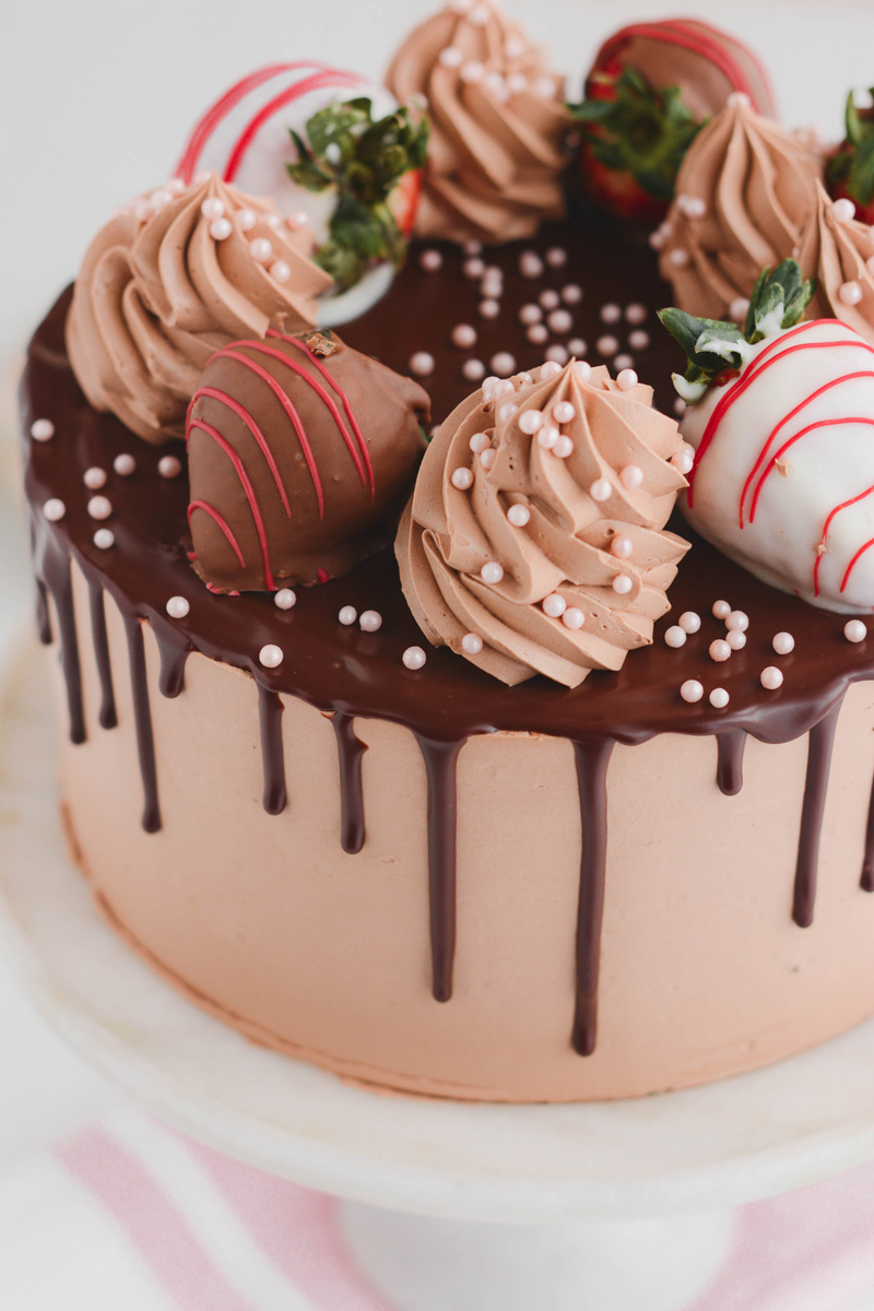 Close up shot of the top of the Chocolate Covered Strawberries Cake.