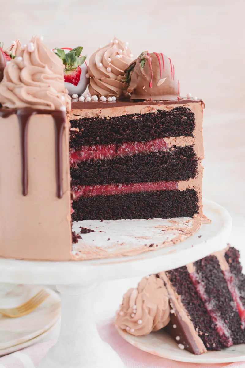 Close up of Chocolate Covered Strawberries Cake layers.