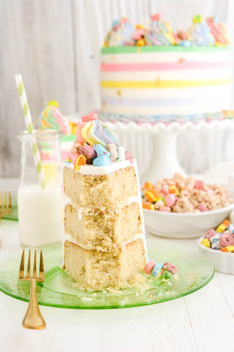 Close up of eaten Lucky Charms Layer Cake sliced. 
