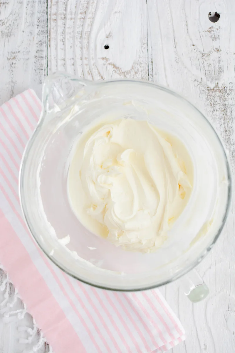 Overhead shot of creamed butter, shortening and salt for Strawberry Patch Layer Cake.