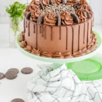 Chocolate Mint Cookie Layer Cake on green cake pedestal.