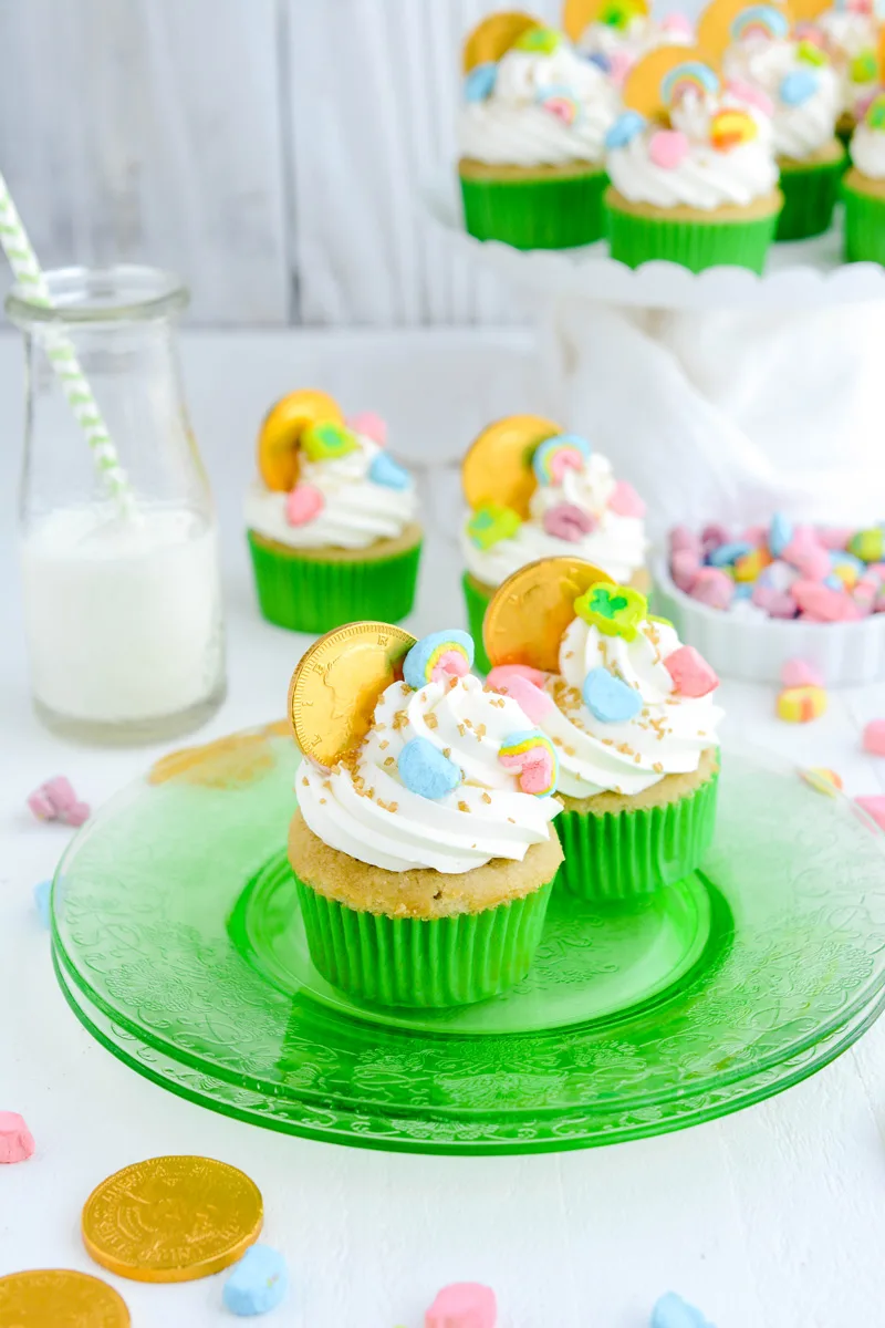 Wide open shot of Marshmallow Lucky Charm Cupcakes.