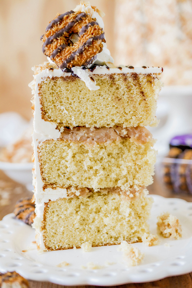 Close up of Toasted Coconut Caramel Layer Cake sliced.