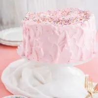 Mexican Pink Layer Cake on white cake pedestal.