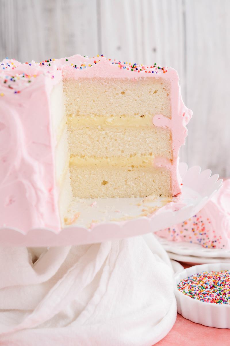 Mexican Pink Layer Cake sliced.