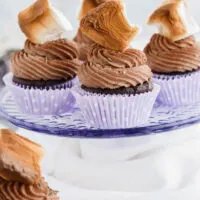 Close up of Hot Chocolate Lavender Cupcakes on lavender cake pedestal.