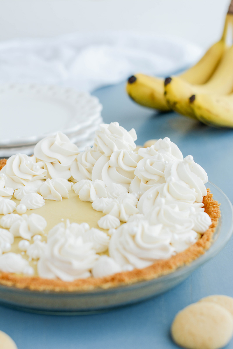 Close up of piped whipped cream for Banana Cream Pie with Vanilla Wafer Crust.