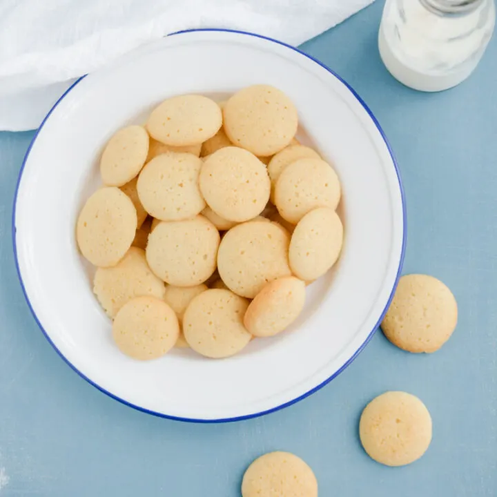 Overhead shot of Homemade Vanilla Wafers on white plate.