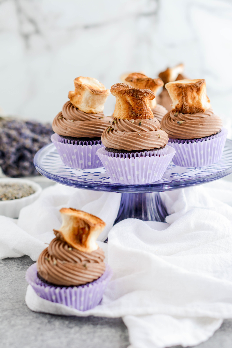Hot Chocolate Lavender Cupcakes on lavender cake stand.