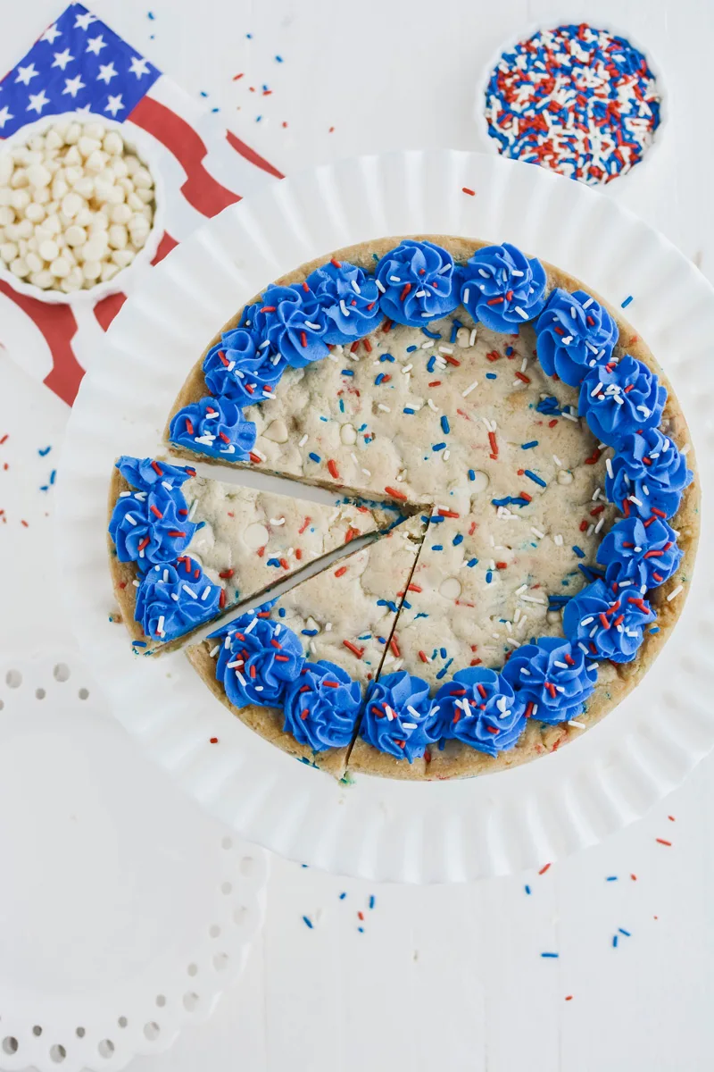 Overhead shot of July 4th Cookie Cake with slices cut.