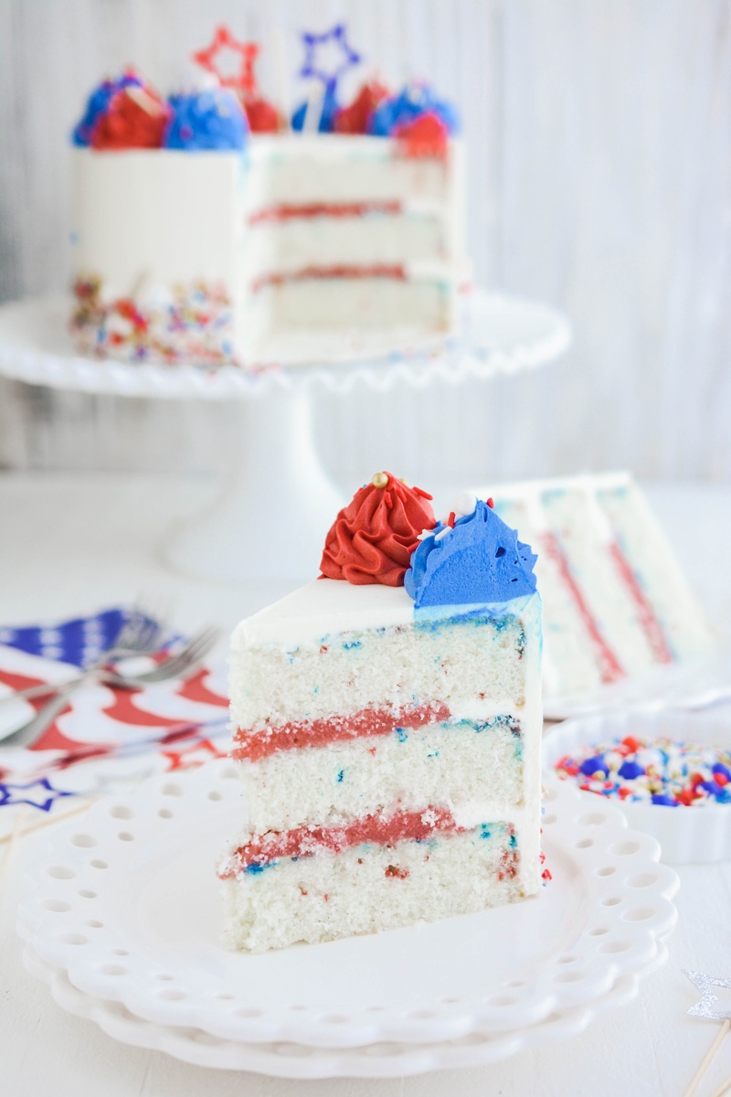 Patriotic Confetti Cake sliced.