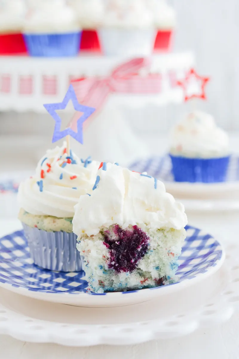 Close up shot of cupcake filling for Patriotic Confetti Cupcakes.