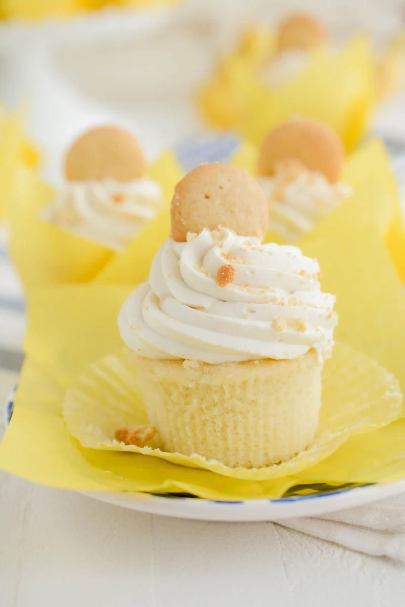 Close up of Banana Cream Pie Cupcakes unwrapped.