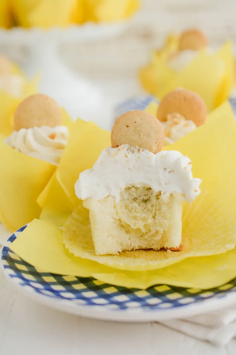 Close up shot of the inside filling for Banana Cream Pie Cupcakes.