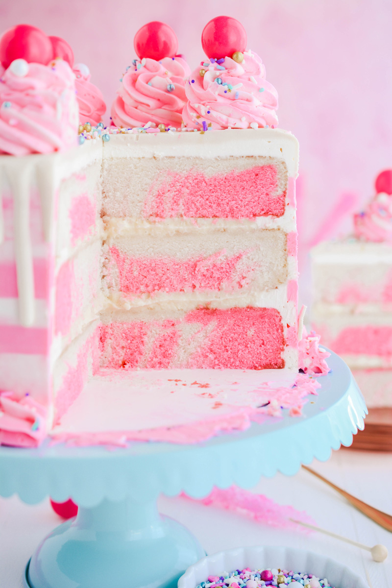 Close up of the inside Bubble Gum Layer Cake layers.