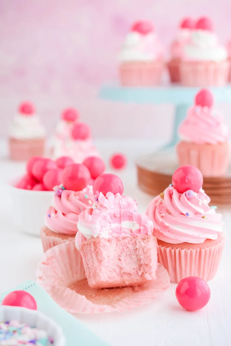 Close up of the inside of the Pink Bubble Gum Cupcakes.