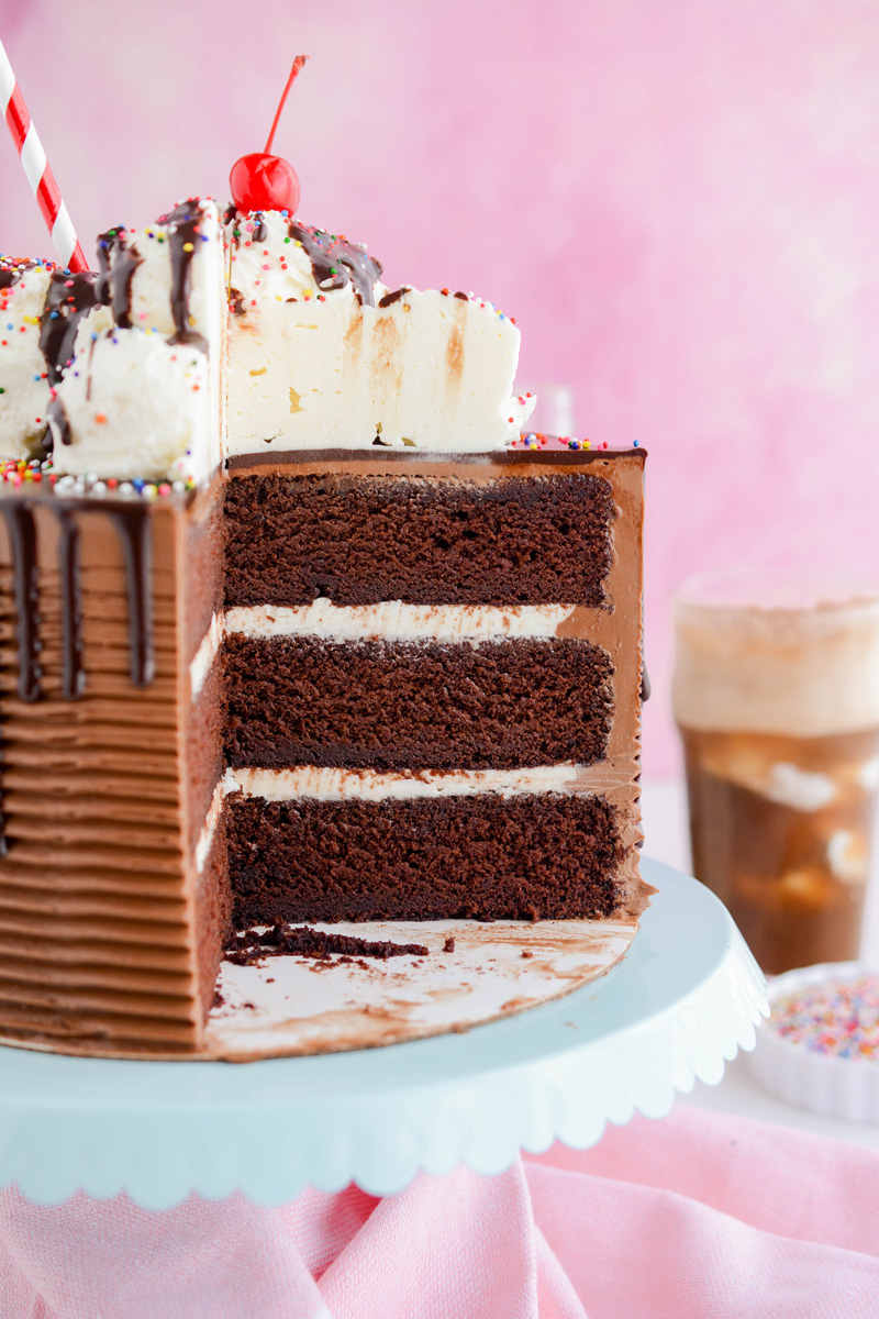 Close up shot of Chocolate Root Beer Float Cake layers.