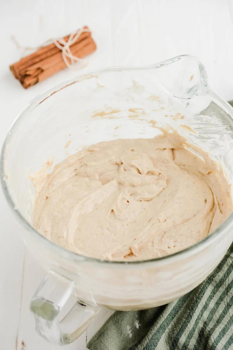 Three quarter angle shot of Key Lime Pie Cupcake cake batter in mixer bowl.