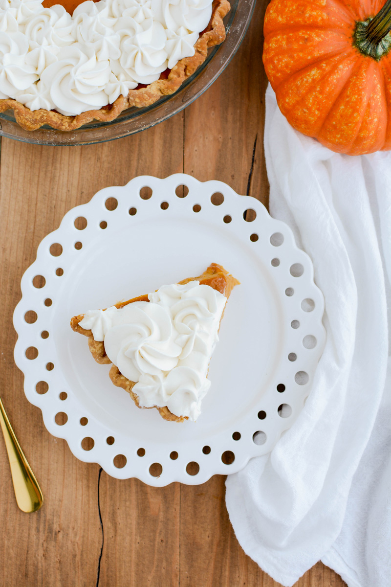 Overhead shot of sliced Quintessential Pumpkin Pie with whipped cream close up.