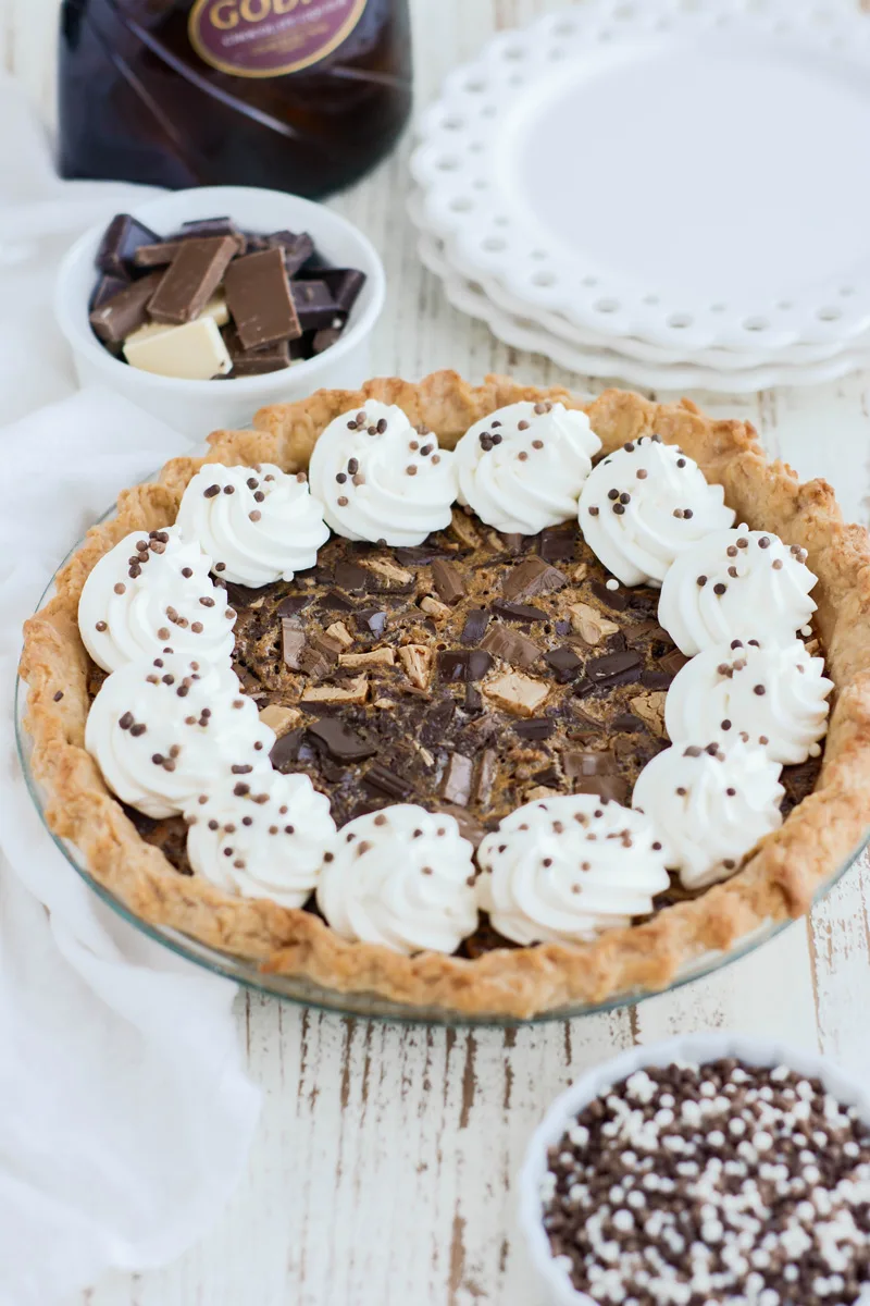 Three quarter angle of Chocolate Chunk Pecan Pie.