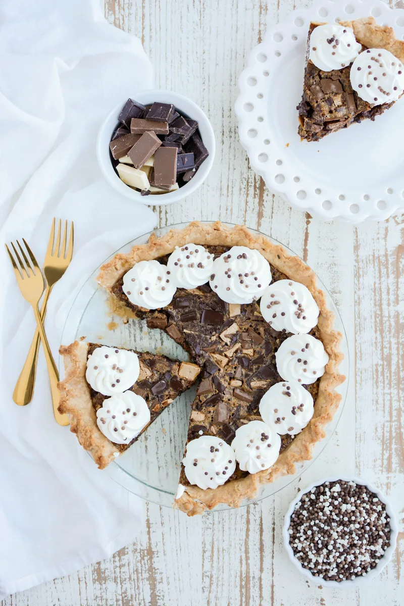 Overhead shot of Chocolate Chunk Pecan Pie sliced.