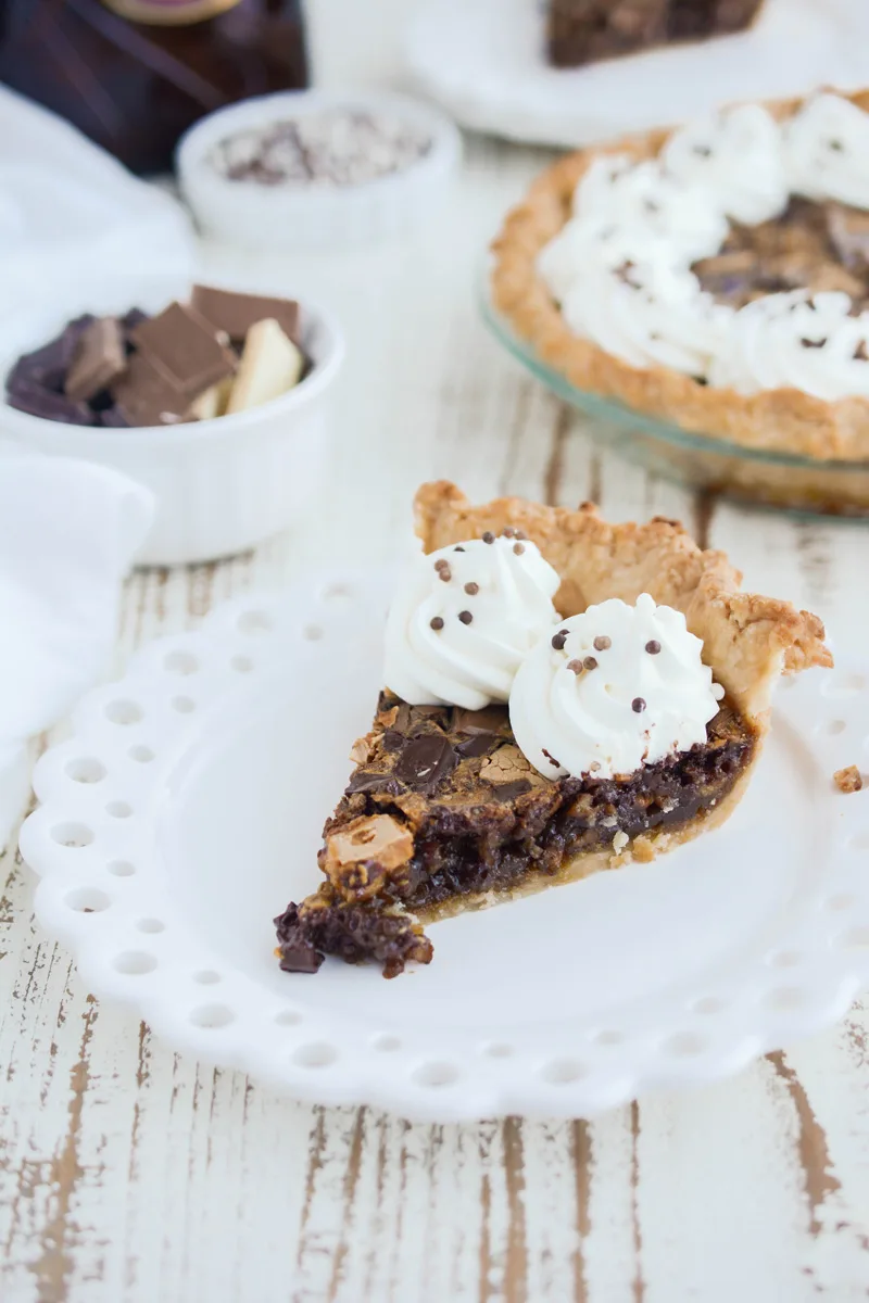 Close up of Chocolate Chunk Pecan Pie slice.