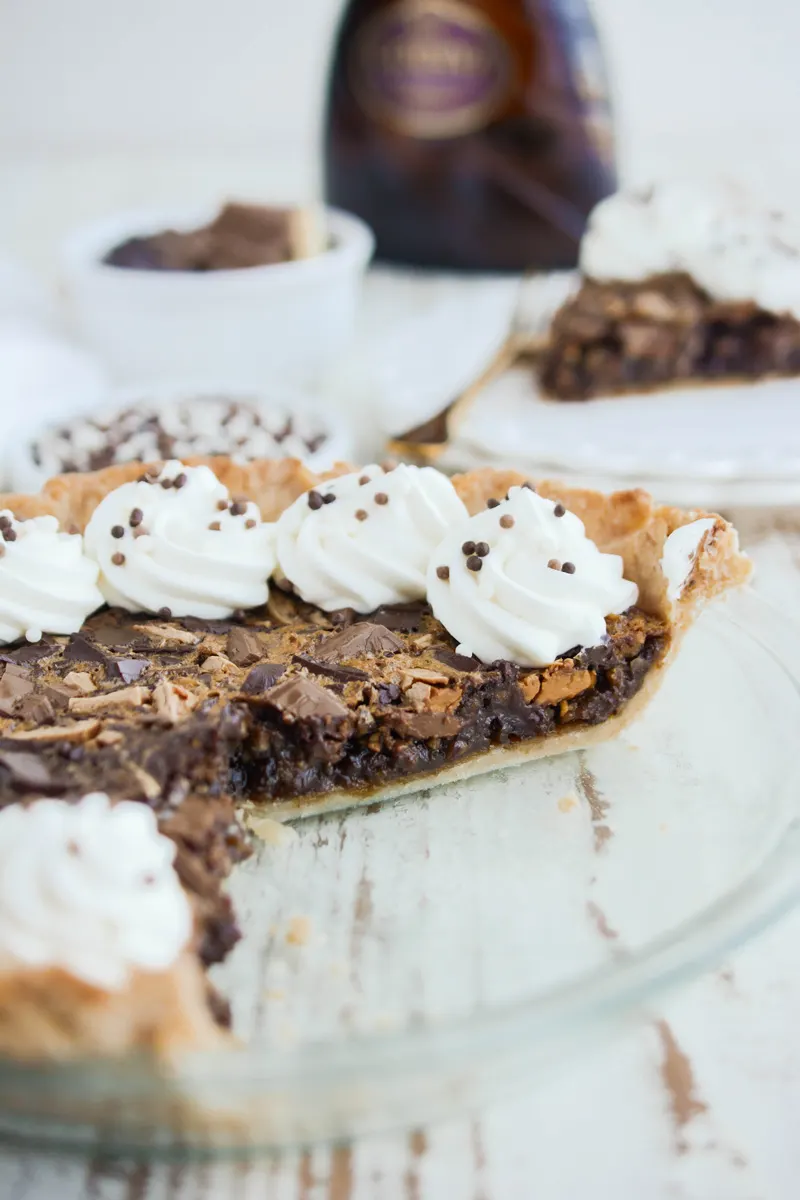 Close up of sliced Chocolate Chunk Pecan Pie.