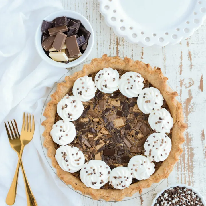 Overhead shot of Chocolate Chunk Pecan Pie.