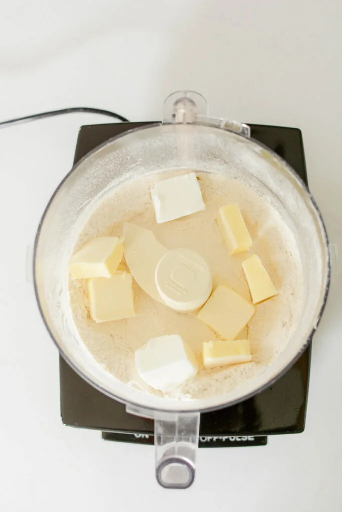 Overhead shot of ingredients in the food processor.