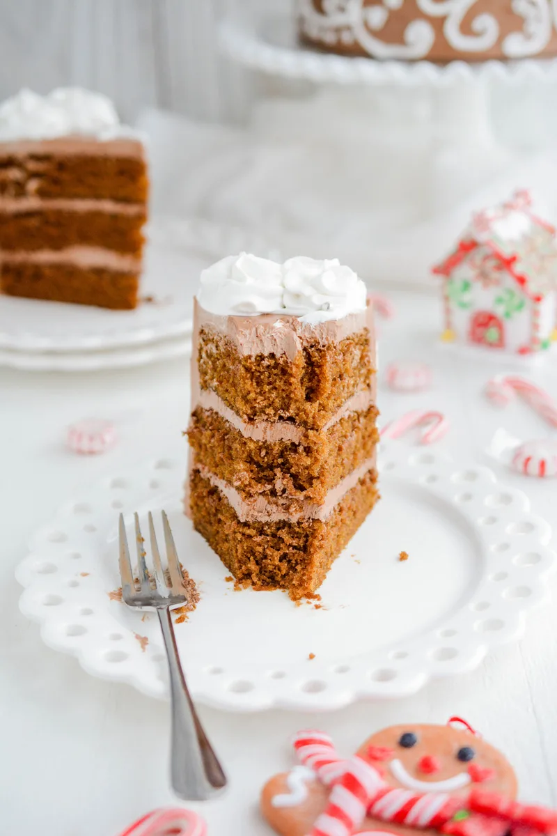 Cut into slice of Festive Gingerbread Layer Cake.