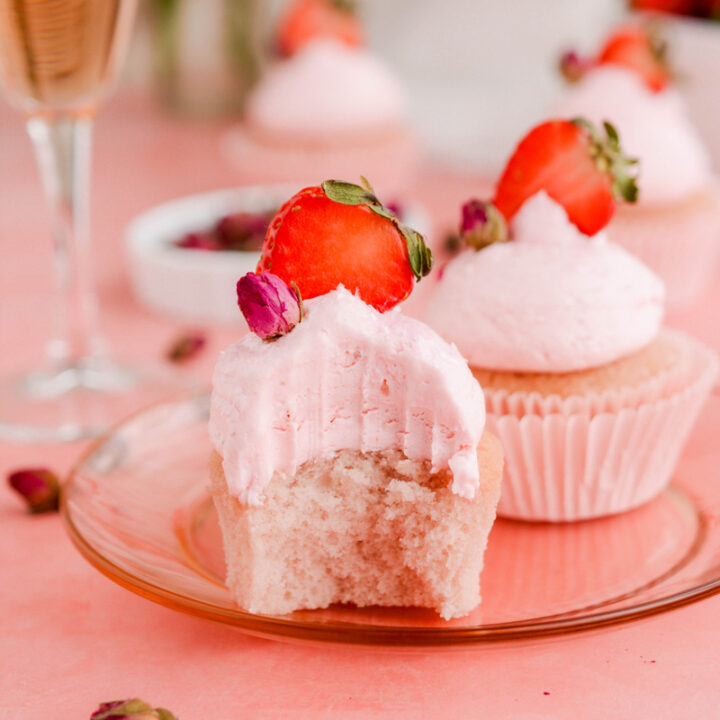 Close up of Strawberry Rose Cupcake with bite.