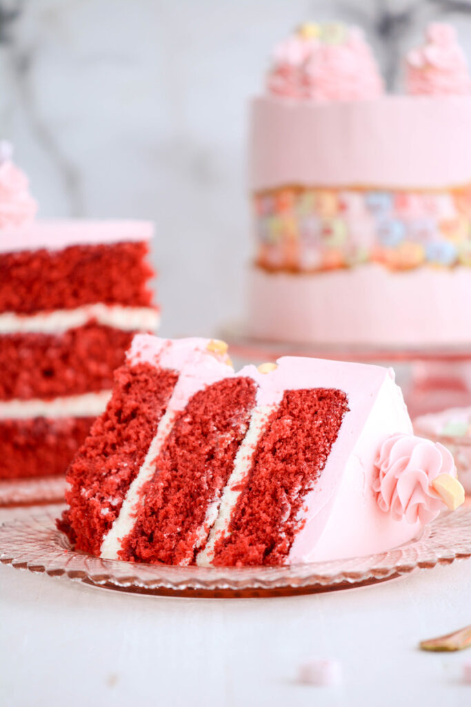 Close up of sliced Valentine's Day Fault Line Cake on its side.
