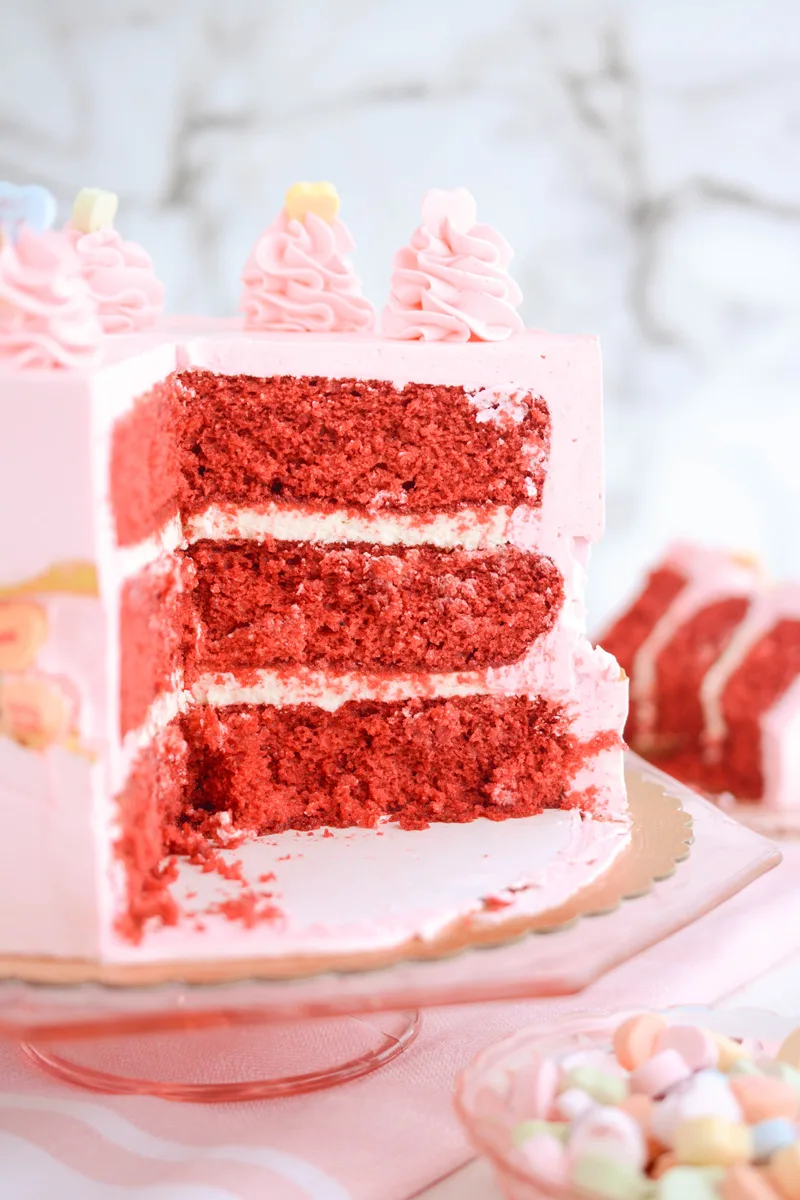 Close up of sliced Valentine's Day Fault Line Cake.