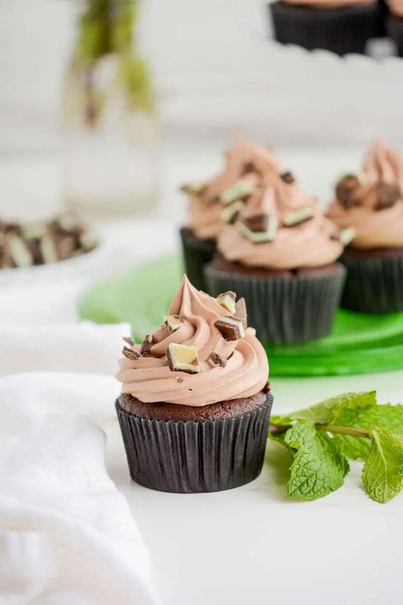 Close up of Chocolate Mint Cupcakes.