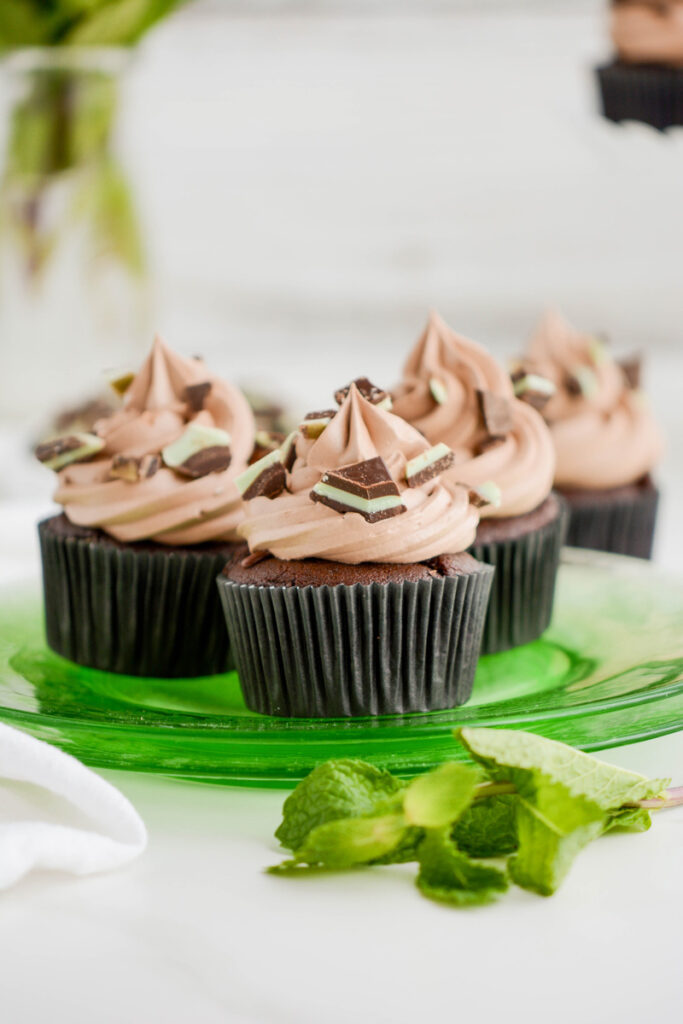 Close up of Chocolate Mint Cupcakes.