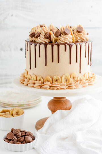 Peanut Butter Banana Cake on cake pedestal.