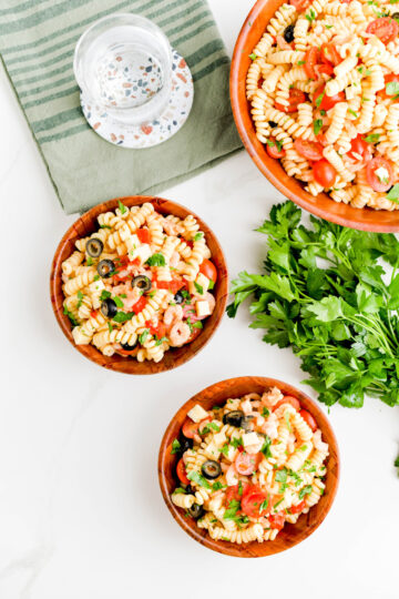 Overhead shot of Zesty Shrimp Pasta Salad in bowls.