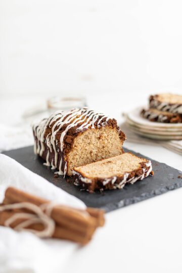 Cinnamon Swirl Protein Bread on gray serving plate.