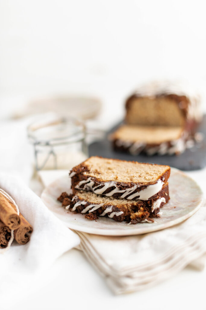 Three quarter angle of sliced Cinnamon Swirl Protein Bread.