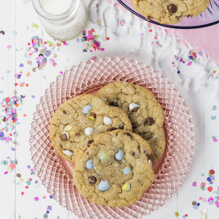 Overhead shot of Easy Easter Egg Chocolate Chip Cookies.