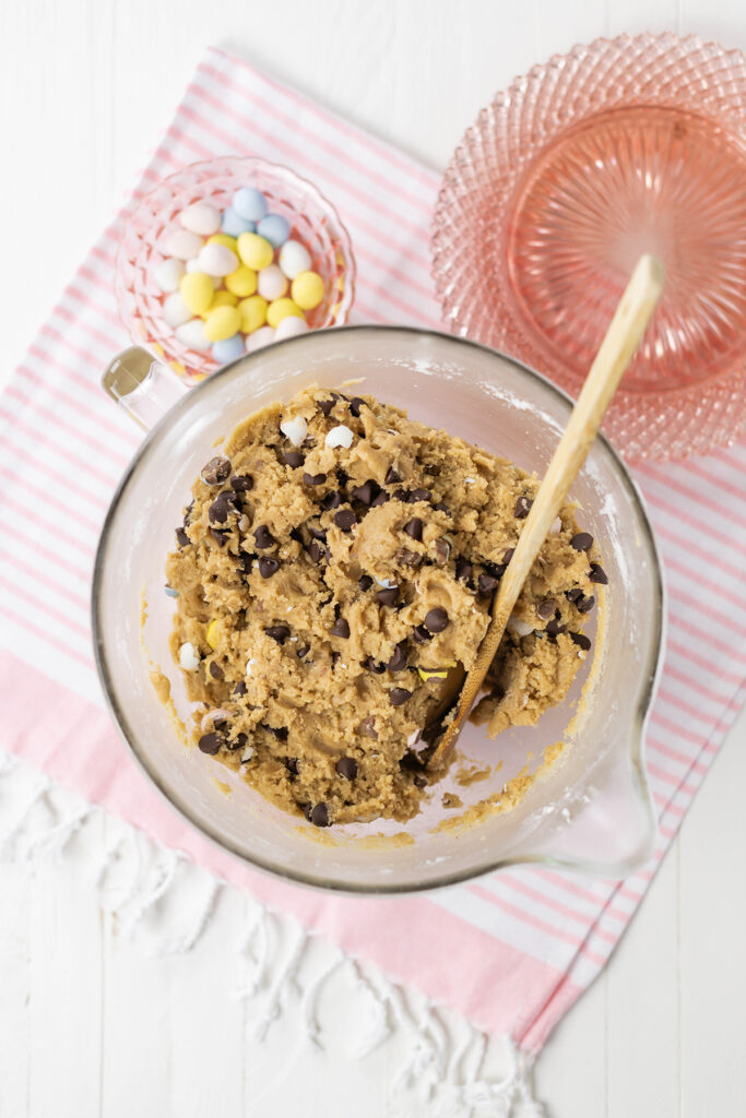 Overhead shot of Easy Easter Egg Chocolate Chip Cookie dough completed.