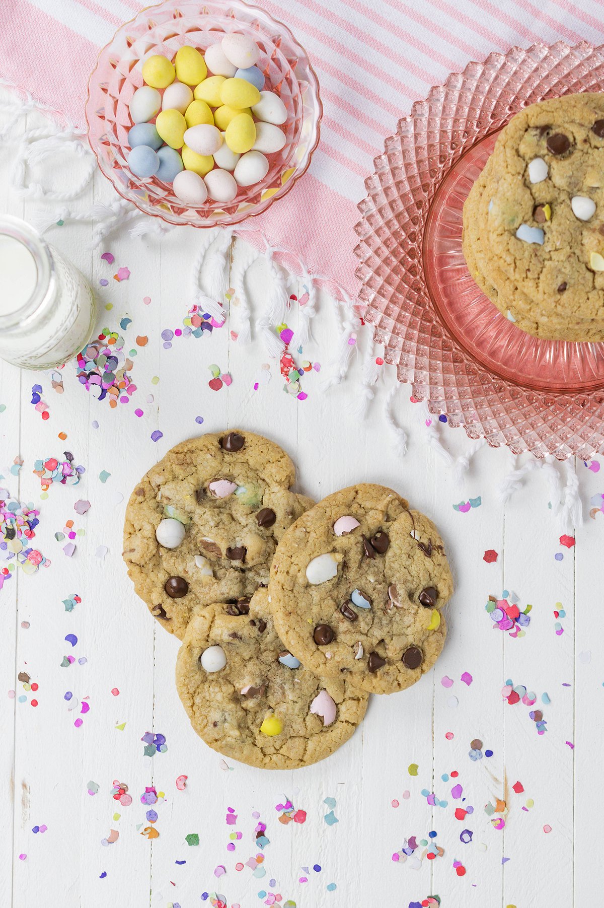 Overhead shot of Easy Easter Egg Chocolate Chip Cookies scene.
