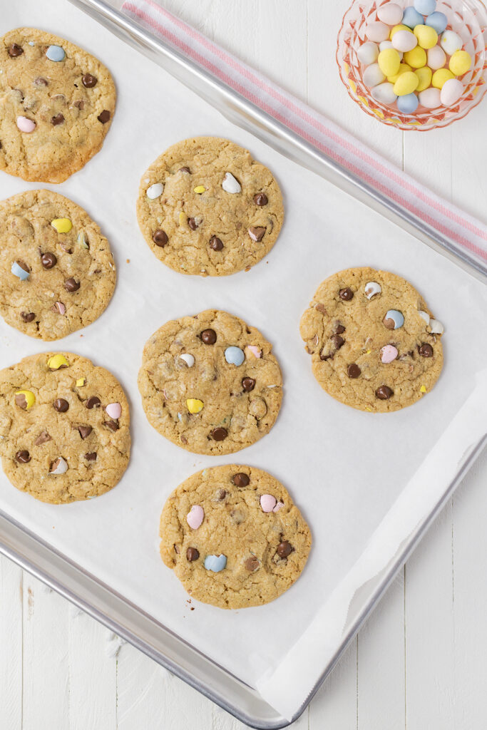 Overhead shot of baked Easy Easter Egg Chocolate Chip Cookies.