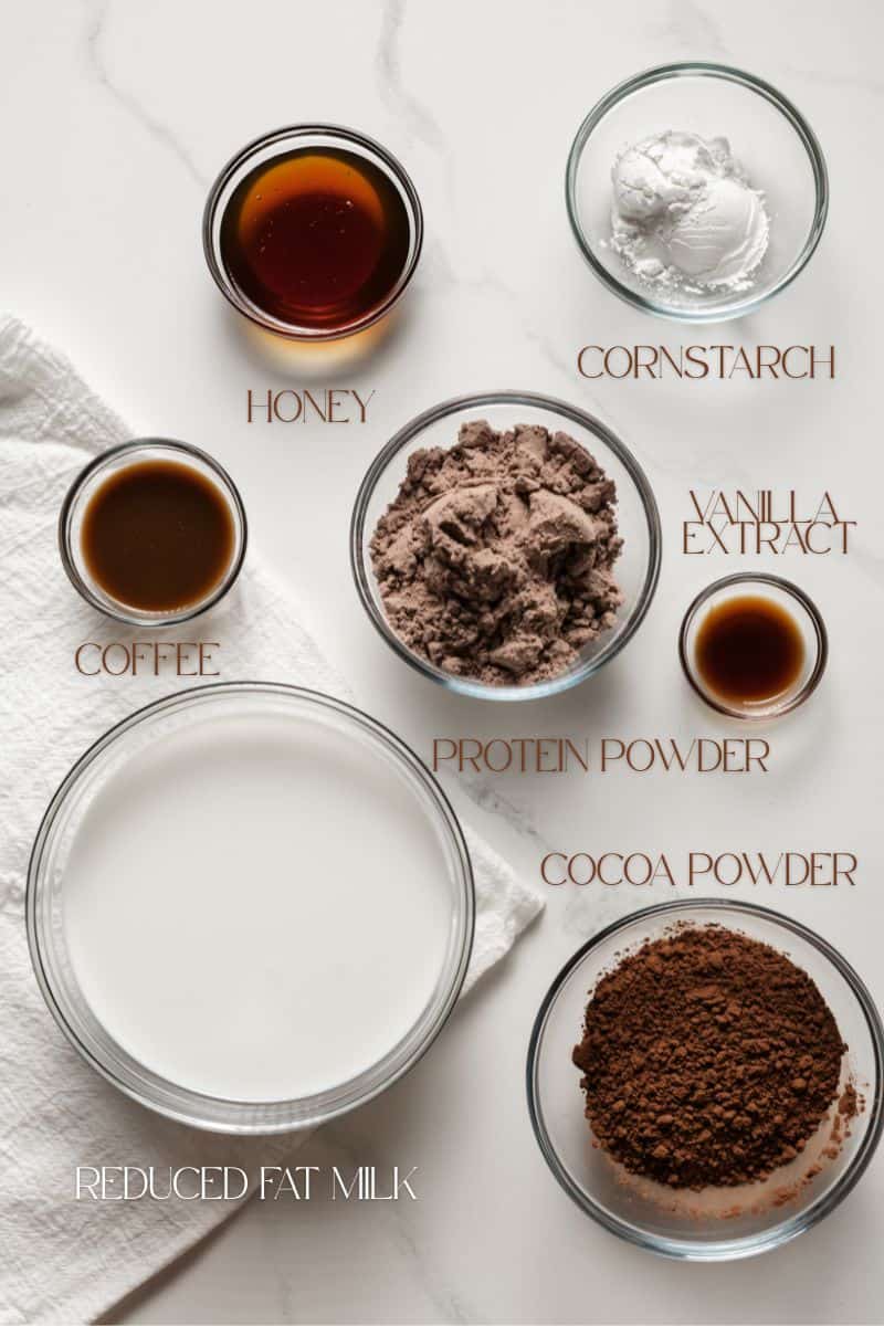 Overhead shot of all the ingredients for Protein Packed Chocolate Mocha Pudding.