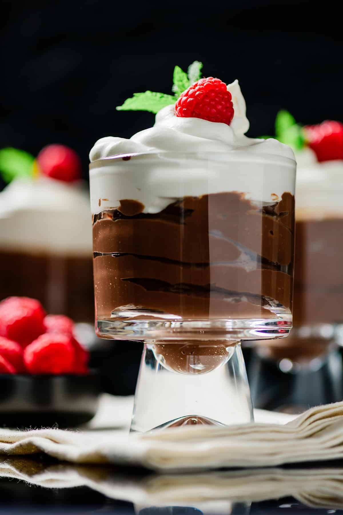 Close up shot of one Protein Packed Chocolate Mocha Pudding in parfait glass.